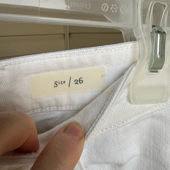 Anthropologie by Pilcro cut out cropped wide legged white jeans with tan trim - Picture 9 of 12